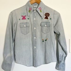 Vintage 70’s JC Penny Carol Evans hand embroidered denim shirt